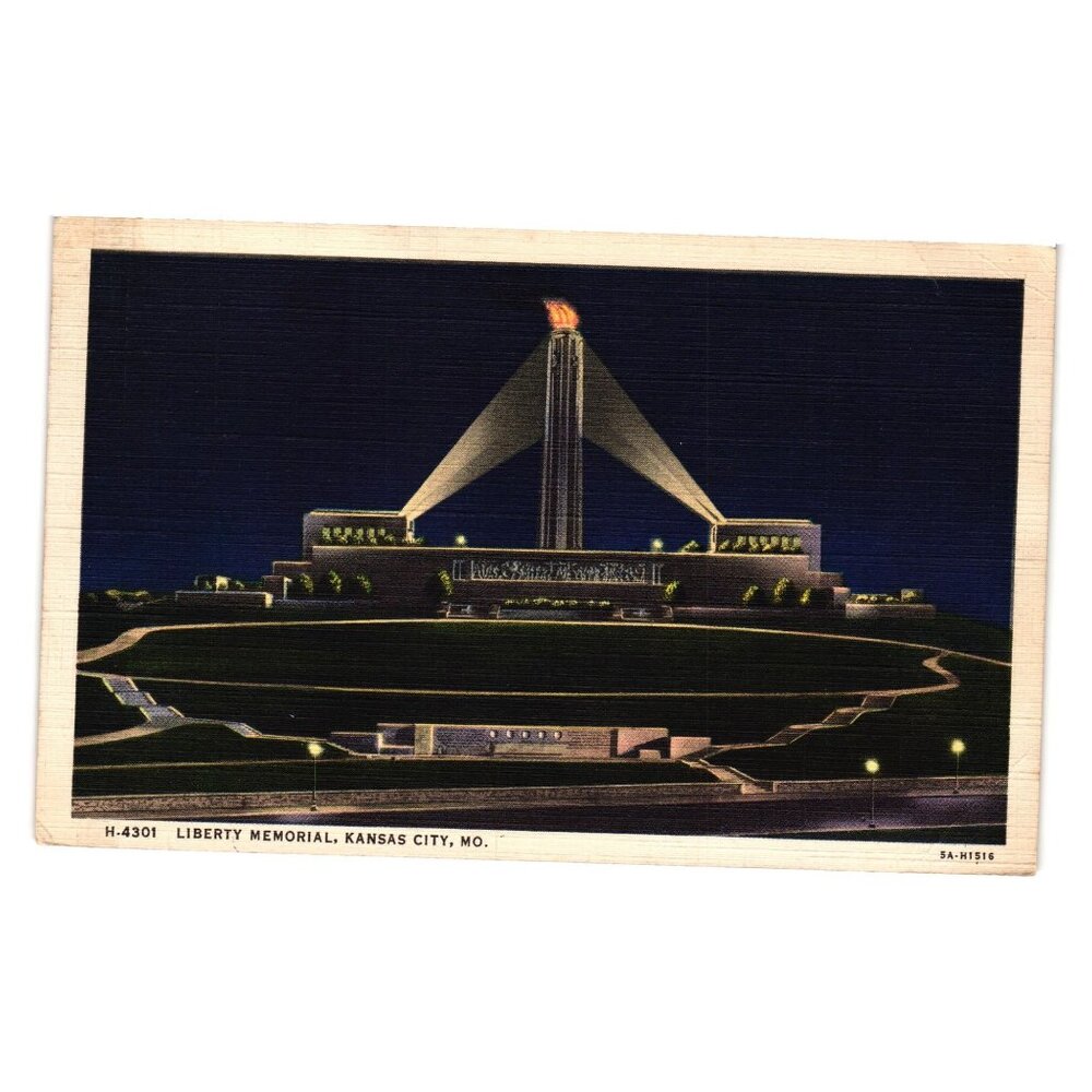 Vintage Curt Teich Liberty Memorial Kansas City Postcard Linen Nighttime View